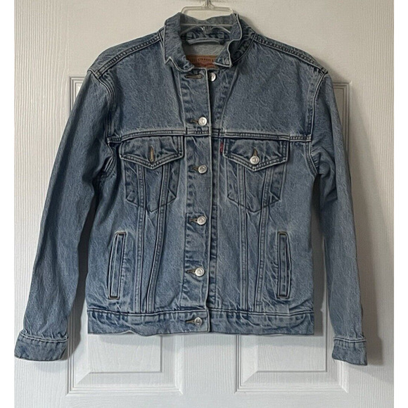 Levis Denim Jean Jacket Women Small Blue Trucker Button Up Red Tab Distressed - Picture 1 of 15